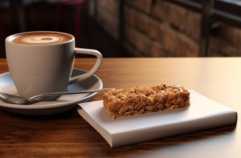 Une tasse de café et une barre granola sur une table.