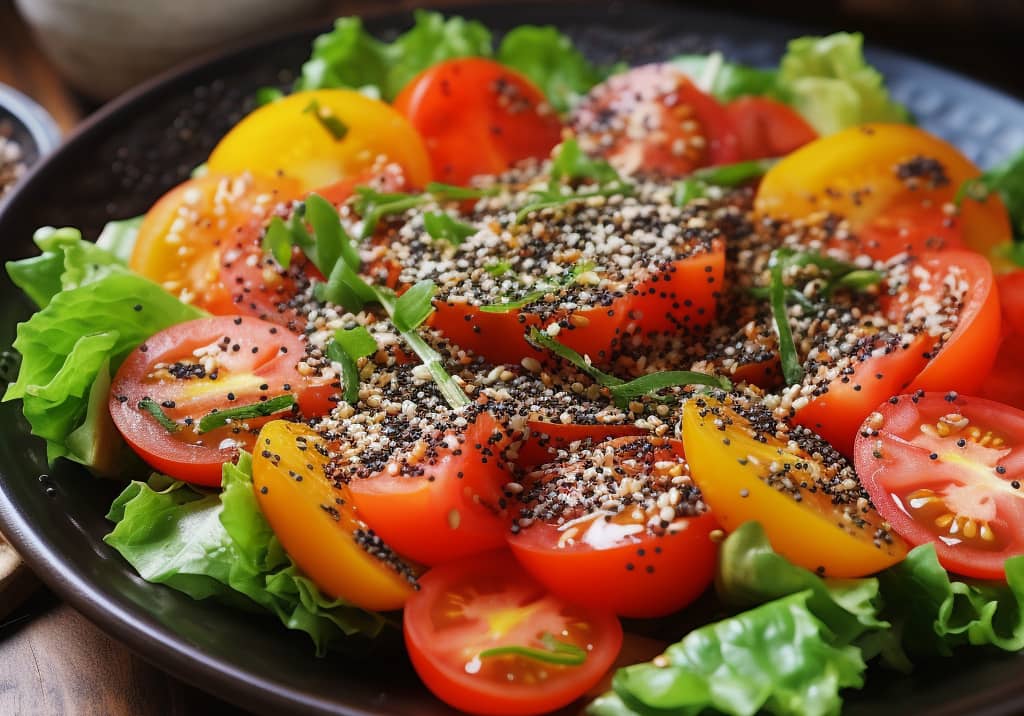 Une salade de tomates, laitue et graines de chia.