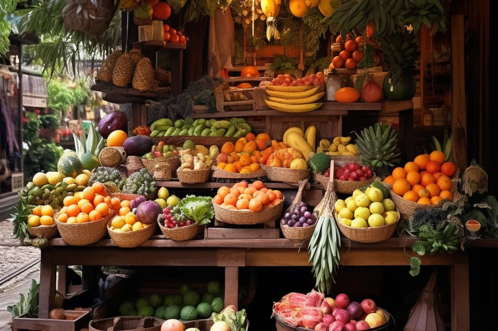 Un stand de fruits avec de nombreuses sortes de fruits.